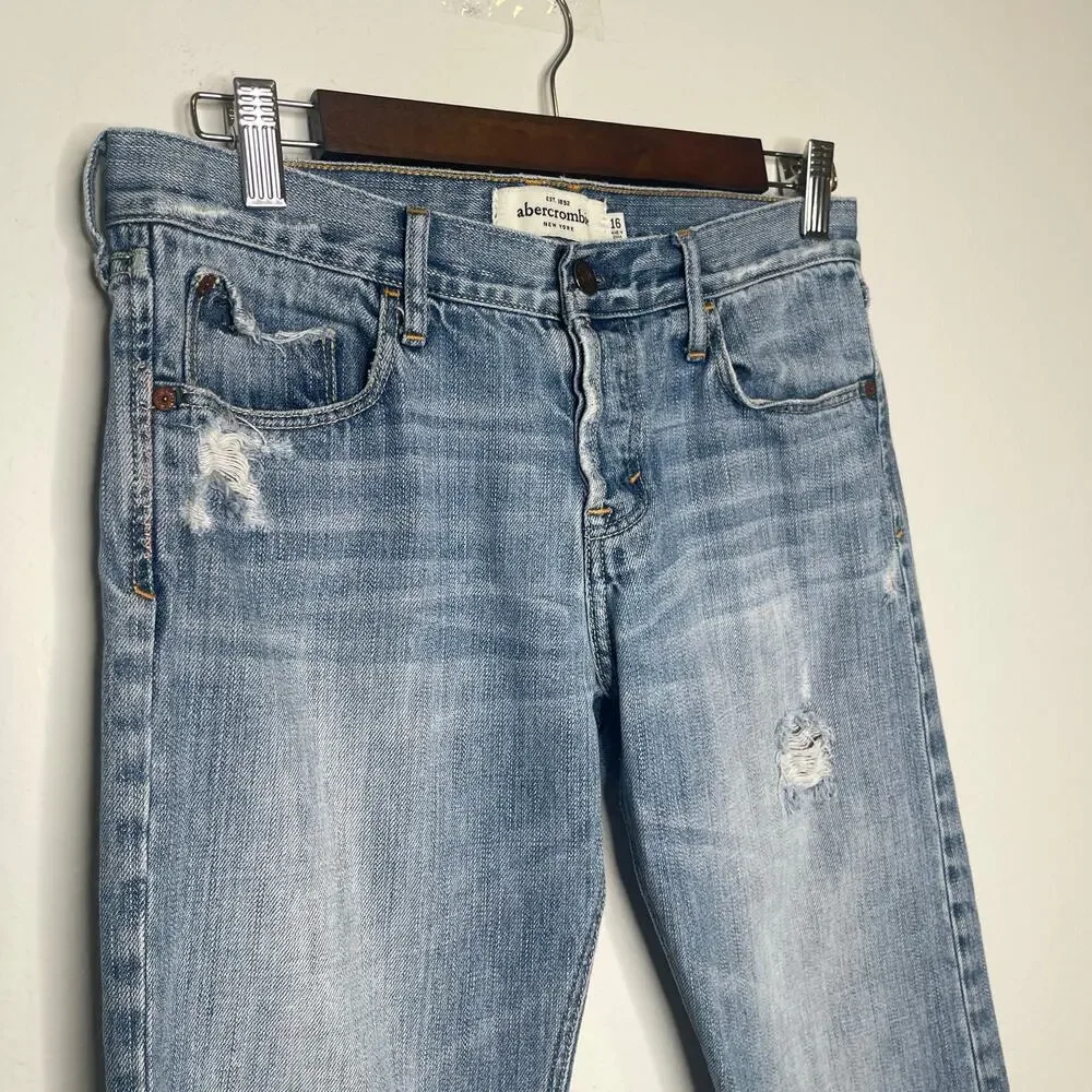 Abercrombie Girls Distressed Cuffed Capri Jeans Size 16 Blue Denim Pocket Detail
